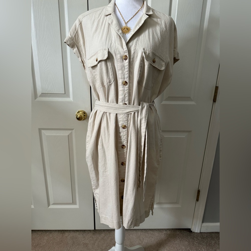 Old Navy Beige Button-Down Shirt Linen Dress, Pockets, Belt, size Large